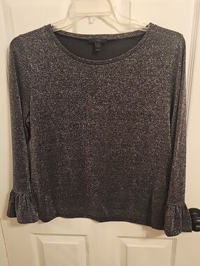 J. Crew Metallic Charcoal Ruffle-Cuff 3/4 Sleeve Top